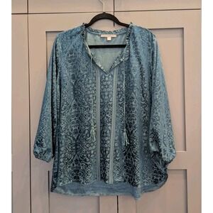 Womens Top XL Green Floral Burnout Velvet Holiday Tassels Whimsigoth Fairy Boho